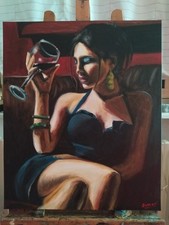 Quadro DIPINTO A MANO ritratto di donna con calice di vino olio su tela 60x50