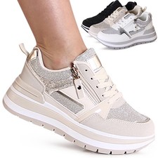 Scarpe Donna Plateau Sneakers Brillantini Zeppa da Ginnastica Basse Maglia