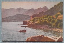 Cartolina Bordighera La Mortola Persone in Barca Antica Stilizzata a Colori