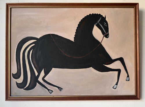 Dipinto olio tavola cavallo - su,