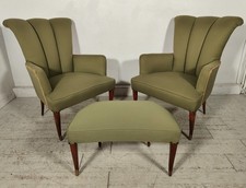 ANTICO SET SALOTTO Verde Oliva 2 POLTRONE CONCHIGLIA + POUF epoca 900 legno SALA