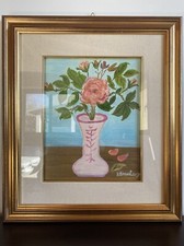 Quadro Raffigurante Vaso di fiori Con Firma E Cornice Color Oro