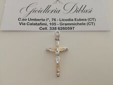 CIONDOLO CROCE SACRA Oro 18 Kt 750% CROCEFISSO CRISTO Pendente Giallo e Bianco