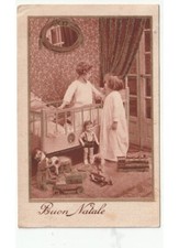 1935 Natale bambini giocattoli trenino bambola cavallo orso cartolina d'epoca