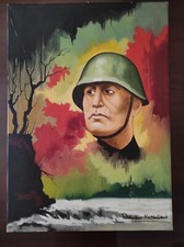 Quadro Romano Mussolini - Ritratto Padre Benito con Elmetto - Olio su Tela 