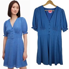 Abito donna Kate Spade Tea Garden a pois blu taglia 12 scollo a V retrò