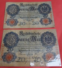 Banconota Impero 2 x 20 marchi giugno 1907 + febbraio 1908 laminata Ro. 28 + 31