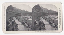 Antica scheda stereo anni 1910 donna in giorno di lavaggio fiume Paglione, bella, Francia P204
