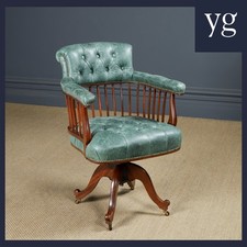 Antica sedia scrivania ufficio girevole inglese vittoriana in pelle verde mogano