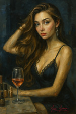 Mario Mendoza dipinto olio stampa tela bella donna sexy wine art night bar