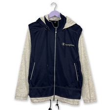 Felpa Champion Vintage blu scuro e grigio con zip e cappuccio anni 90 - Taglia S