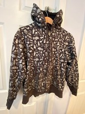 RARE Circa 2008 Silver All Over Print Black Split Back Zip Hoodie Hooded Jacket