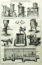 1893 ANTICA STAMPA:PREPARAZIONE BURRO.ANTICA TIPOLOGIA.ATTREZZI.TAV. I.OLD PRINT