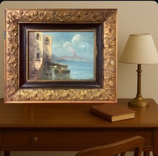 quadro dipinto a olio su tavola paesaggio Napoli con cornice in stile antico 900