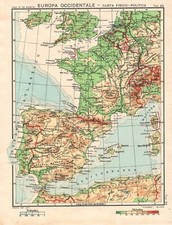 Carta geografica antica SPAGNA FRANCIA ante 2° Guerra Mondiale 1935 Antique map