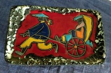 VINTAGE  SVUOTA TASCHE VASSOIETTO CERAMICA EFFETTO LAVA FIGURE ORIENTALI