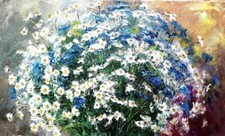 Quadro olio margherite prato originale arte tela fiori testurizzati fiori vintage