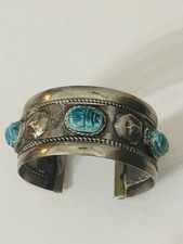 Bracciale Vintage Egiziano Revival Beduino Argento Scarabei Turchese 50 Grammi