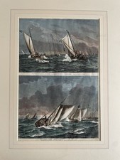 Xilografia in Pass acquerellato Fine ‘800 Paesaggio Marino con Barche