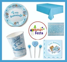  KIT ADDOBBI FESTA BATTESIMO CELESTE X10X20X30X40 PERSONE  PIATTI BICCHIERI T