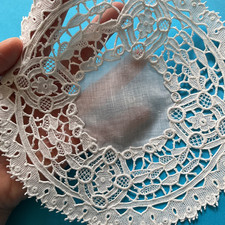 Centrino antico merletto ad ago punto Venezia fine rotondo 18 cm cotone bianco