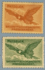 ES1900 Poster francobolli pubblicitari: Metzeler Gum Industrie - Balloon aeropl.mater