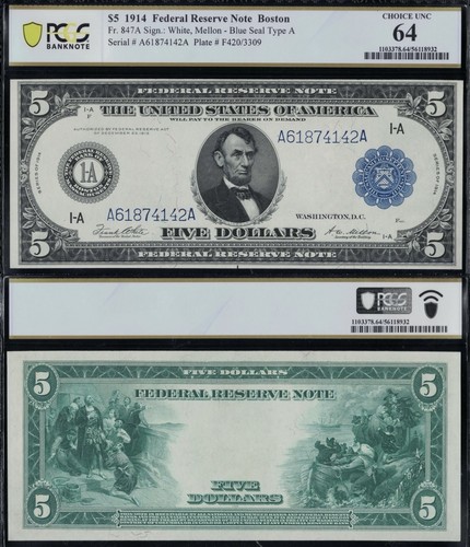 1914 847a frn boston - $5, fr.847a