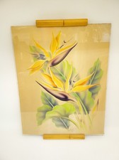 Quadro aerografo vintage hawaiano Hale Pua Frank Oda uccellino del paradiso fiore