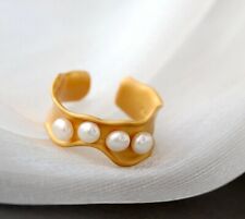 D10 Anello Ondulati Nastro Con Perle di Acqua Dolce 925 Sterling Placcato Oro