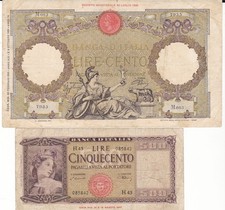 LOTTO 2 BANCONOTE LIRE REGNO/REPUBBLICA L. 100 CAPRANESI 500 LIRE ITALIA ORNATA