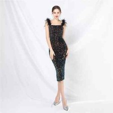 Tubino Vestito Abito Donna Elegante Colorato Ginocchio Strass Sera 06080