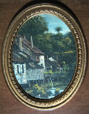 MINIATURA ovale Stampa Paesaggio con case ed alberi cornice dorata in plastica