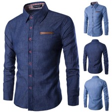 Camicia uomo denim elegante tinta unita manica lunga slim fit bottoni casual top