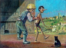 Dipinto Olio Teatro Pinocchio Arlecchino Geppetto  Giacomo Vaccaro cm 40 x 30