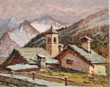 Mario Fumia ( Torino 1931- 2013 ). Baite a Macugnaga VCO. Dipinto neve,  olio 