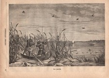 Stampa antica CACCIA ALLE ANATRE IN PALUDE CON IL FUCILE 1879 Antique print