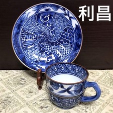 Tazza e piattino caffè Kyoto Ware Kiyomizu Ware Kato Risho blu floreale uccellini usati
