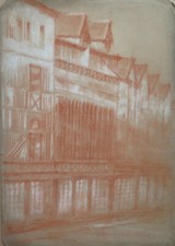 ANTICO DISEGNO SANGUIGNA VEDUTA CITTADINA FRANCESE Pierre Duteurtre DUT BM53.1