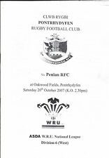 Pontrhydyfen v Penlan 20 Oct 2007 RUGBY PROGRAMME