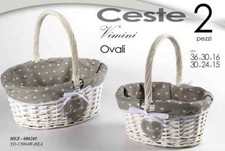 2 CESTE VIMINI BIANCO CON MANICO RIV TESSUTO CUCINA BAGNO CUCITO 30-36 CM
