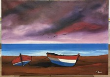 Quadro ad olio su tela Mario Arseni 50x70cm, mare, barche, marina