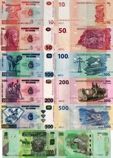 CONGO - Lotto 6 banconote 10/50/100/200/500/1000 francs FDS - UNC