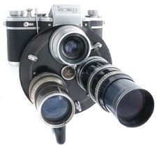 Rectaflex Rotor Italian camera made in Italy with 3 lenses and rare pistol grip.