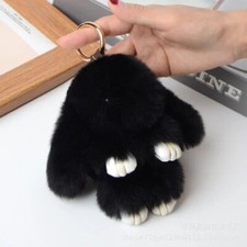 Portachiavi coniglietto peluche nero 7" soffice pelliccia sintetica borsa coniglio ciondolo con zampe bianche