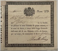 GRAN DUCATO DI TOSCANA GALLUZZO FI PORTO D’ARMI PER ARMI BIANCHE E DA FUOCO 1839