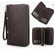 Pochette da uomo contacts in pelle pieno fiore marrone con molti scomparti