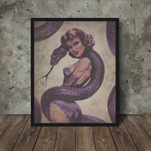 Vintage snake girl wall - vintage, art