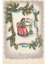 Non Viaggiata cartolina d'epoca Buon Anno bambina chitarra pettirossi campana
