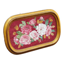 QUADRO con Cornice dorata a Vassoio Tecnica Mista Collage Fiori SECCHI TESSUTO