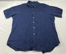 Polo Ralph Lauren camicia uomo XL blu tinta unita 100% lino classica casual rosso pony
